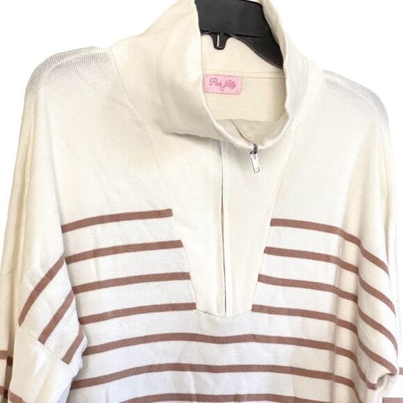 Pink Lily Quarter Zip Long Sleeve Relaxed Fit Tunic Length Striped Top Sz L - Picture 3 of 9